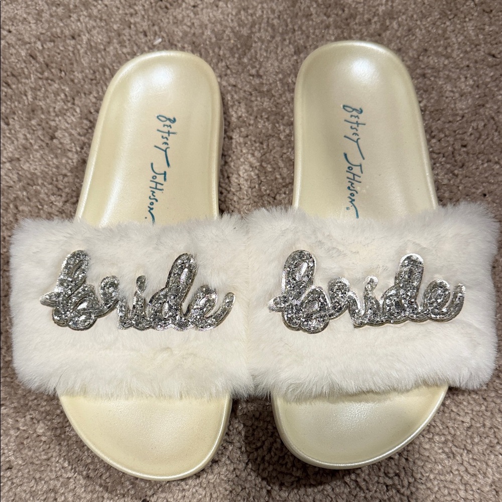 Betsey Johnson Cream Bride Slippers with Silver Accents